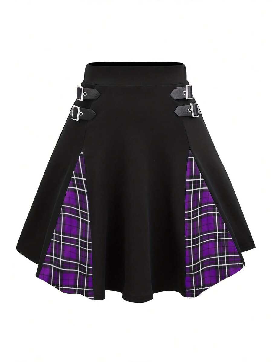 Talla Grande - Talla Grande - Falda Mini A-Line de Talle Alto con Botones y Diseño de Cuadros Gótico - Cuadros Negros + Morados - Ver 1