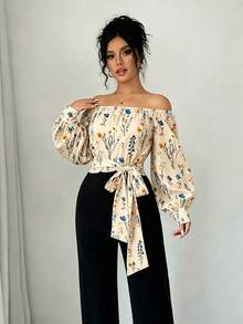 Elegant Women's Off-Shoulder Blouse With Polka Dots And Front Bow - Puff Sleeves, Round Neck, White, Machine Washable, Ideal For Casual Or Semi-Formal Wear In All Seasons - 多色 1 - 查看 5