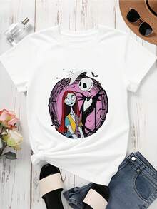 Disney Women Round Neck Short Sleeve T Shirt  Black Jack Skellington And Sally Print Casual Summer Wear - 白色 - 查看 3