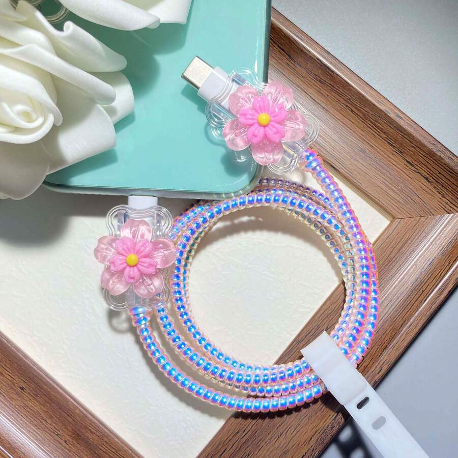 Type-C Phone Cable Protector, Anti-Breakage Charging Cable Protector, Device Cable Management, Charging Cable Protector, Cable Shielding Sleeve, Cable Anti-Breakage Device, Minimalist Protection Design, Durable Cable - Pink - View 1