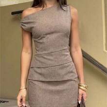 Soqi Women's Clothing  Vestido mini elegante de mujer con cuello oblicuo, cintura ceñida y plisado en unicolor para uso diario - Caqui - Ver 2