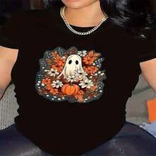2026 Hot Summer Style Floral Ghost Pumpkin Women's T-Shirt , All Occasion Outfit Light & Airy For Summer, Suitable For Leisure Sports Scenes. - Multicolor - View 1