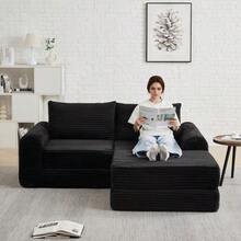 2-In-1 Corduroy Sofa Bed Cord-Zwei-In-Eins, With Two Pillows, Elegant Curved Armrests, Removable Footrest And Modular Arrangement. - 黑色 - 查看 8