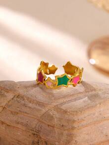 1 Pc Fashion Enamel Drip Oil Colored Star Ring For Women Stainless Steel Open Ring Summer Bohemian Jewelry Gifts - Gold - View 13