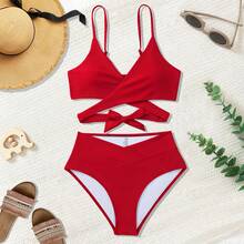 2-Piece Women's Bikini Swimsuit, Minimalist Solid Color Bikini, Modern Set For Beach, Pool And Summer Vacation - 紅色的 - 查看 1