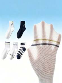 1/5 Pairs Random Men's Black, White & Navy Striped Letter Rib Knit Breathable Moisture-Wicking Short Socks, Casual Sports Style Suitable For Daily Commute - Multicolor - View 8