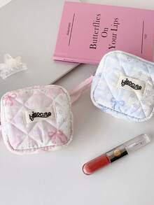 1Pc Kawaii Quilted Mini Storage Pouch With Lace-Up, Floral Bow Print Cosmetic & Sanitary Pad Bag, Portable Travel Organizer For Small Items - Multicolor - View 10