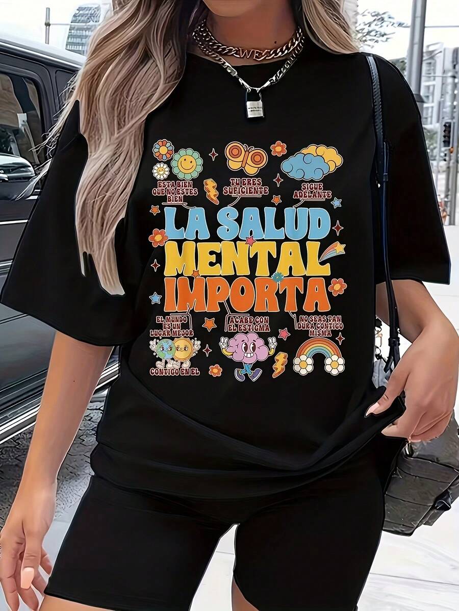 Women's T-Shirt For Mental Health Awareness In Spanish - Plus Size Casual T-Shirt With Round Neck And Short Sleeves, With Phrases In Spanish And Quotes About Mental Health, Soft T-Shirt For Everyday Wear, For Women's Fashion And Support Sets, Ladies' T-Shirts, Spring And Summer Clothing. - 黑色 - 查看 1