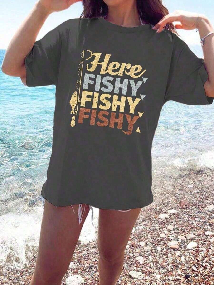 Women's Summer Short Sleeve "Here Fishy Fishy Fishing" Graphic Print T-Shirt, 180g Pure Cotton Oversized Tee, Vintage Retro Style, Fishing Lover Gift, Great For Beach, Back To Sc - 黑暗的 - 查看 1