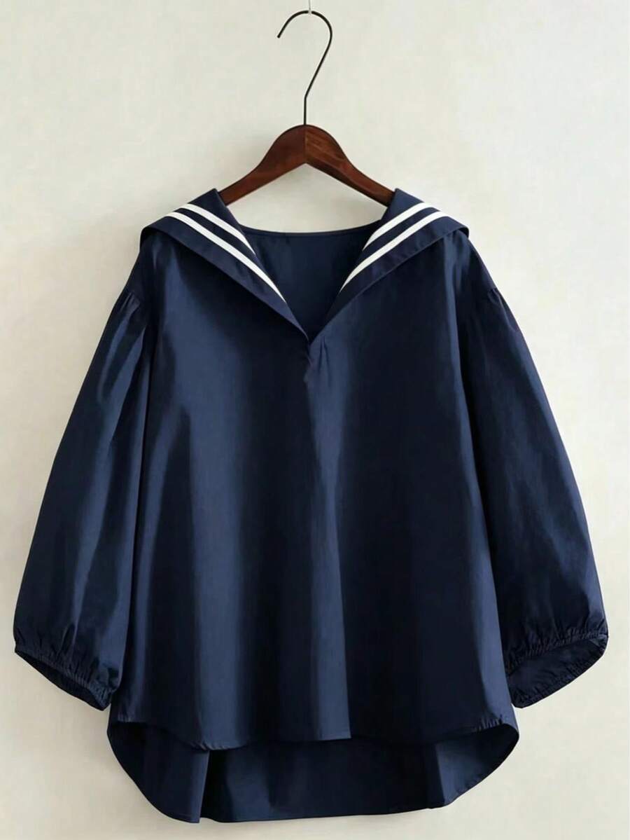 Kemeja Wanita Kasual dengan Kerah Pelaut Bergaris dan Blok Warna - Navy Blue - View 1