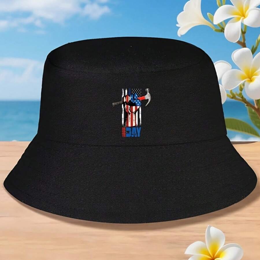 Labor Day Bucket Hat - American And Hammer Pattern - Black With Red/Blue Trim - Non-Stretch Fabric - Washable - Suitable Construction - Black - View 1