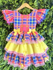 Children's Checkered Dress For June Festival, Colorful Pink And Yellow, Ruffles And Ribbons, Country Style, Luxury - Nhiều màu - Xem 4