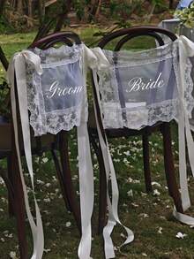2pcs/Set Lace Newlywed/Bride & Groom Chair Back Decor Signs, Transparent Lace Decor Signs, Wedding Chair Decoration, Wedding Chair Banner Transparent Fabric Decor Signs - White Suit - View 7