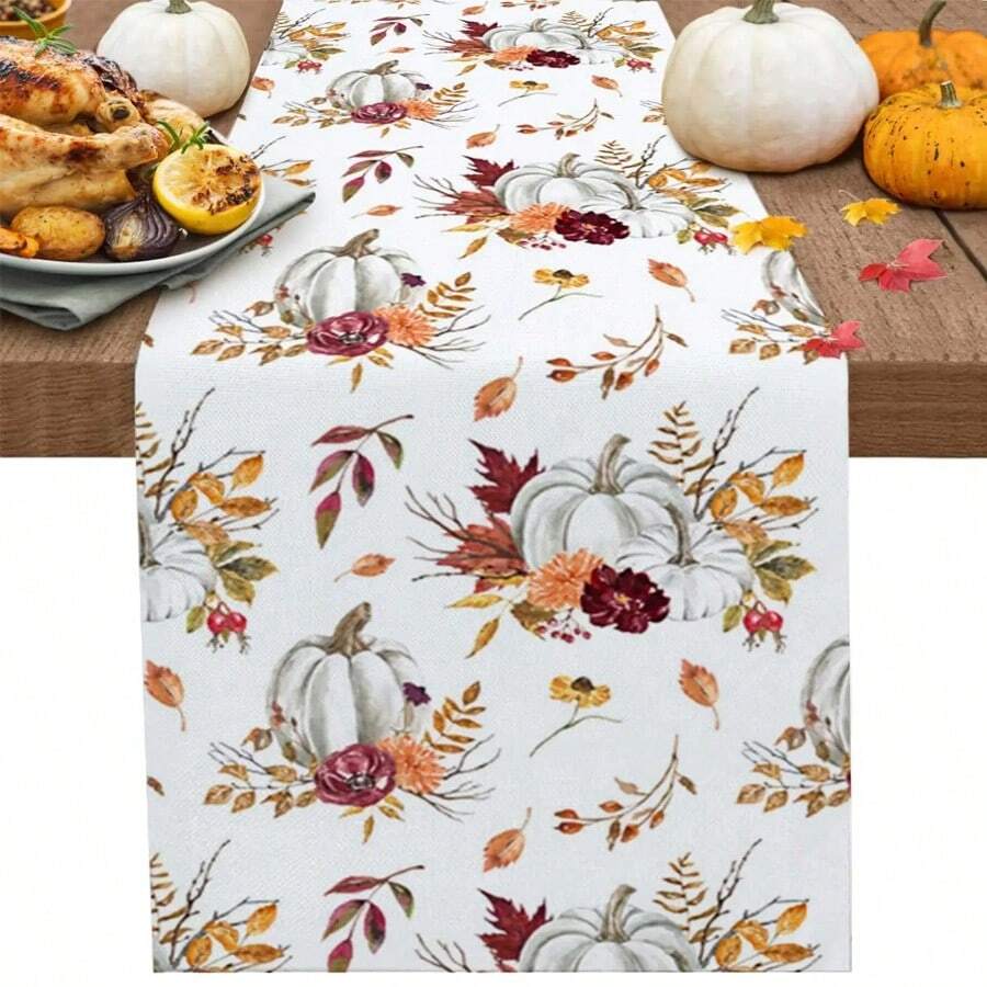 Fall Harvest Pumpkin Maple Leaf Table Runner Holiday Party Decor Reusable Farmhouse Kitchen Dining Table Runner Thanksgiving Decorations - Multicolor - View 1