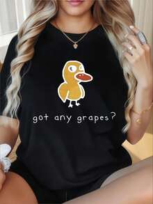 Women's Casual T-Shirt With Round Neck And Short Sleeves, Funny "Duck Got Any Grapes" Print, Casual Graphic Tee For Women, Humorous T-Shirt, Suitable For Valentine's Day, Christmas Parties, Sports Activities, Holiday Parties, Outings, Sports And Other Festive Gifts. Fashion - 黑色 - 查看 1