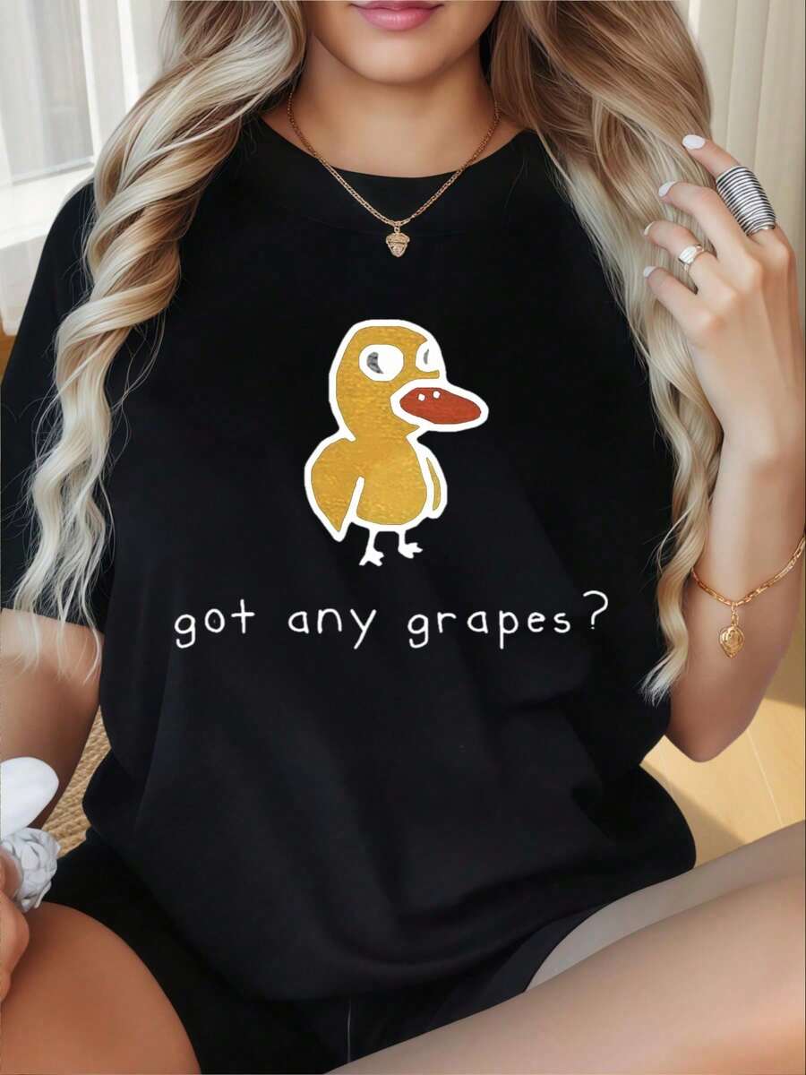 Women's Casual T-Shirt With Round Neck And Short Sleeves, Funny "Duck Got Any Grapes" Print, Casual Graphic Tee For Women, Humorous T-Shirt, Suitable For Valentine's Day, Christmas Parties, Sports Activities, Holiday Parties, Outings, Sports And Other Festive Gifts. Fashion - 黑色 - 查看 1