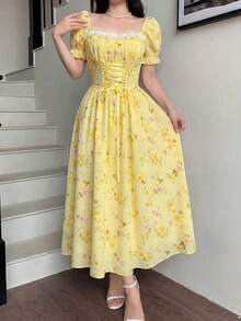 Elegant Long-Sleeved Dress With A Lace Collar And Fitted Hem, Featuring A Charming And Romantic Floral And Lace Design, Ideal For Holidays, Women's Dress - 磨砂黑 - 查看 10
