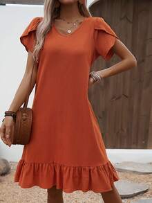 Vestido de Mujer con Cuello en V, Mangas de Concha y Volantes - Negro mate - Ver 9