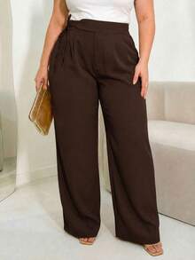 MODA MO, REF: 3286 (PLUS SIZE) - Women's Tailored Trousers, Wide Leg Trousers, High Waist, Black Trousers, Wide Leg - 巧克力棕 - 查看 3