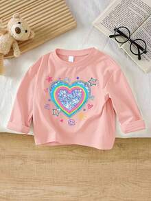 1pc Baby Girl Cute Long Sleeve T-Shirt, Rainbow Heart Print, Soft Fabric, Casual Top - Pink - View 2