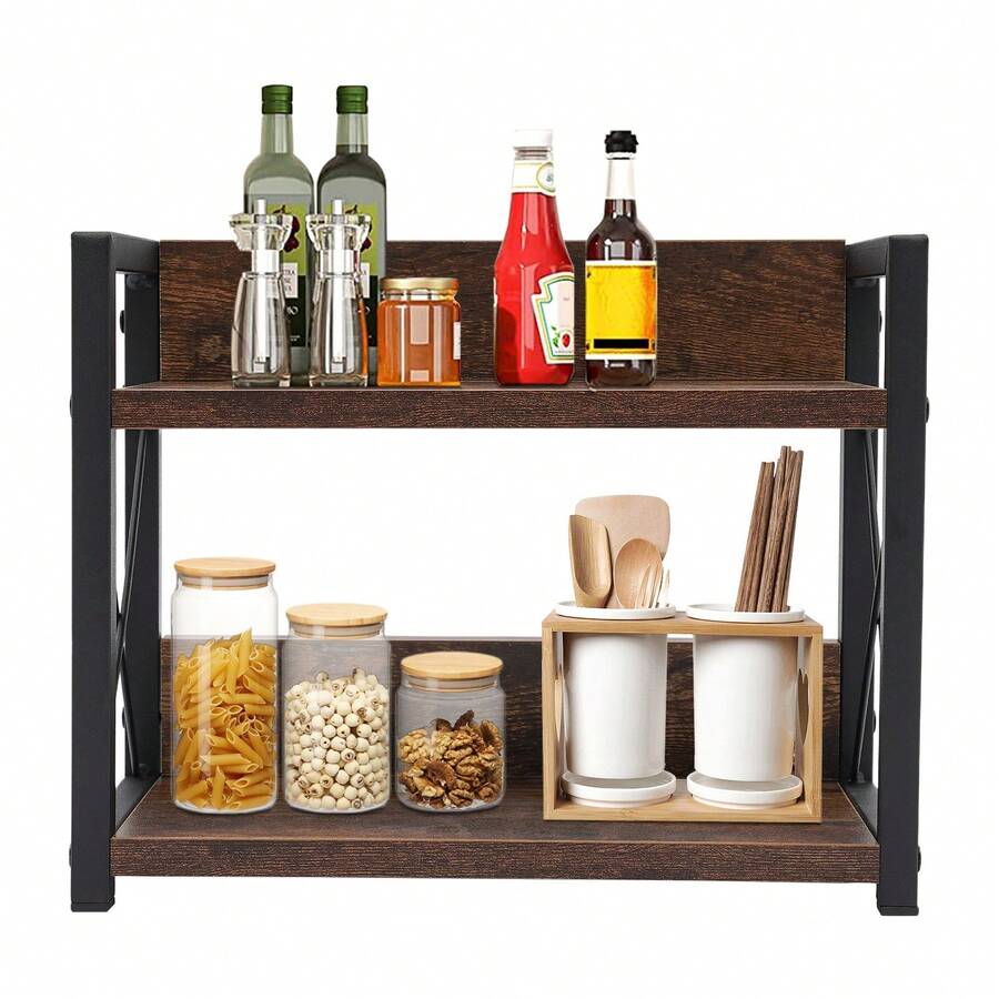 2-Tier Kitchen Countertop Shelf, Small Spice Rack, Kitchen Spice Organizer, 30kg Load Capacity, Countertop Shelf For Kitchen Worktop (30x15.75x26.42cm Brown) - 查看 1