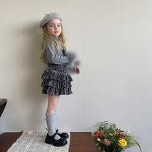 Calcetines holgados para niños y bebés estilo princesa con borde de volantes de algodón, rayas verticales y lazo de lana con efecto aterciopelado, estilo coreano - Gris - Ver 3