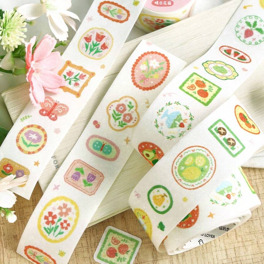 1 Roll Die-Cut Washi Tape, Grass & Wood Notebook Series Fresh Style Hand-Drawn Illustration Fruit & Plant Pattern Tape, Suitable For DIY Decoration Collage Stickers For Journals, Photo Albums, Scrapbooks, Easy Tear No-Cut Student Note Marking Base Stickers, Ins Style Salt-Series Journal DIY Border Stickers, Student Stationery Back To School Essential - 1 Roll - View 1