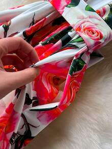 Elegant Women's Floral Print Dress With Short Sleeves, Lapel Collar, And Fitted Waist - Romantic Rose Design, Perfect For Spring Outings, Garden Parties, And Casual Events | Garden Party Dress | Floral Print Dress | Stylish Dress - 灰藍色 - 查看 5