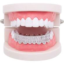 Grillz de Oro de 18K con Circonitas Cuadradas, para 8 Dientes (Superior e Inferior), para Hombres y Mujeres, con 2 Barras de Moldeado Adicionales - Arriba - Ver 3