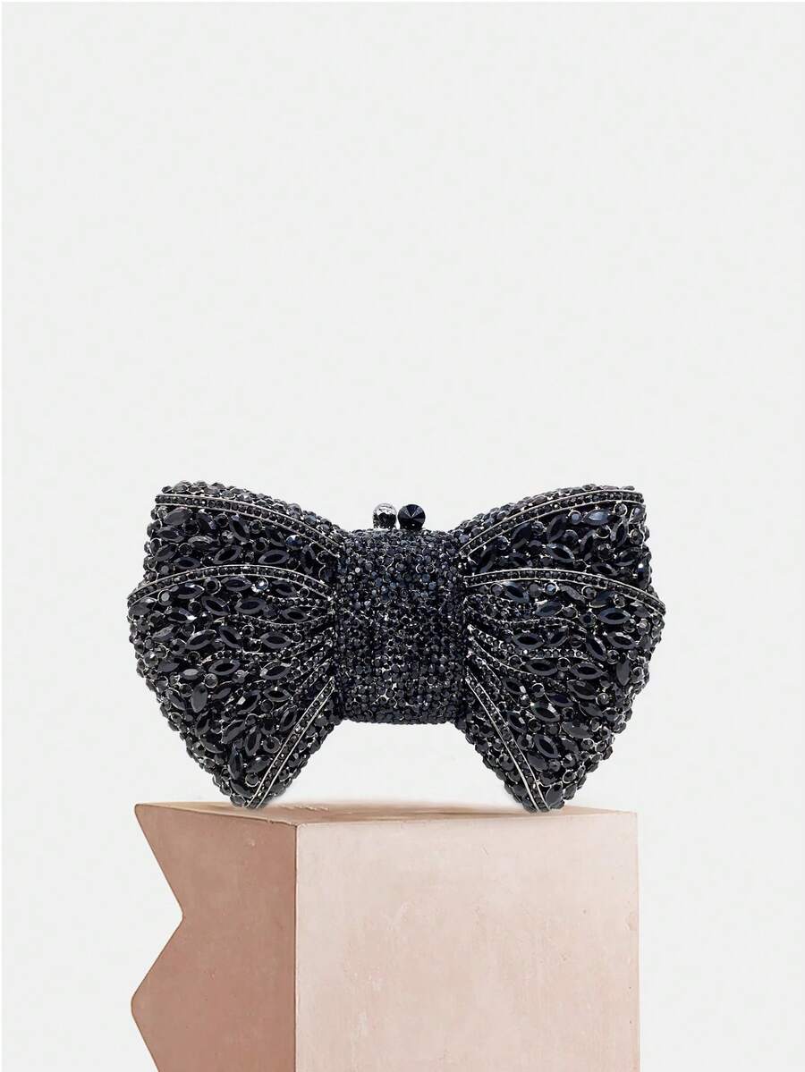 Elegant Luxurious Silver/Red/Black/Gold Bow-Shaped Crystal Evening Clutch, Fully Handmade Rhinestone Bow Design Handbag, Diamond Handbag