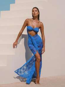Vestido Maxi Strapless de Encaje Azul Neón con Escote y Lado Cortado, para Vacaciones y Fiestas Nocturnas - Azul - Ver 4