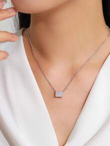 1pc 925 Sterling Silver Rectangular Pendant Necklace, Women's Aesthetic Sparkling Ice Flower Zirconia Daily Jewelry - Silver - View 2