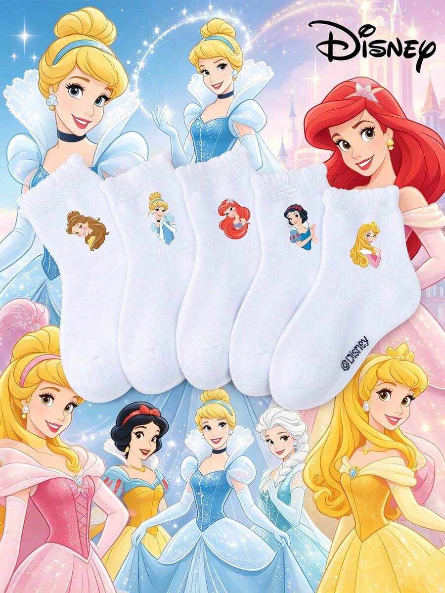 Disney 迪士尼 1/5雙女孩公主襪，白色荷葉邊襪子配可愛白雪公主/灰姑娘/奧蘿拉/愛麗兒/貝兒卡通圖案，透氣舒適柔軟吸濕排汗，適合假期、旅行、學校活動、開學