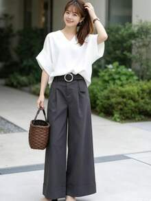 Women's 2-Piece Set: Top (T-Shirt) And Long Pants - Suit Pants, Summer Outfit, V-Neck Blouse, Battle Sleeves, Belted, Casual, Relaxed Fit, Simple, Figure-Flattering, Cute, Stylish, Suitable For Commuting, School, Adults, Office Ladies, Spring, Summer, Autumn - Grey - View 5