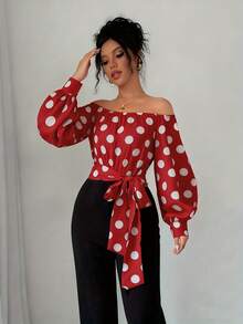 Elegant Women's Off-Shoulder Blouse With Polka Dots And Front Bow - Puff Sleeves, Round Neck, White, Machine Washable, Ideal For Casual Or Semi-Formal Wear In All Seasons - 多色 1 - 查看 9