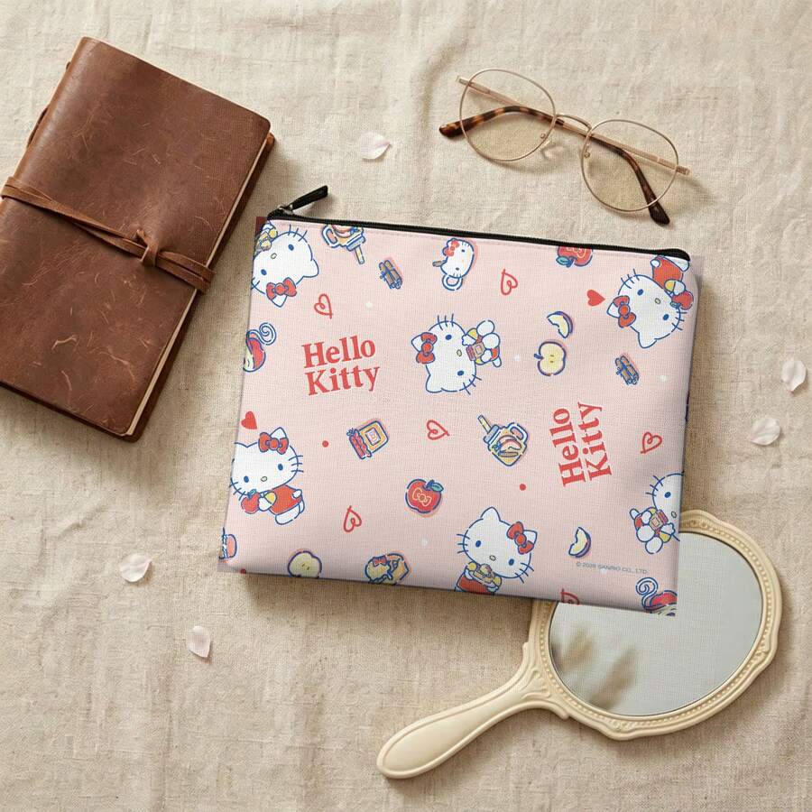 Miniso 三麗鷗 Hello Kitty 全身印花帆布化妝包,蘋果與愛心圖案拉鍊收納袋,適用於化妝品、盥洗用品旅行收納 - 10x8.1英寸 - 查看 1