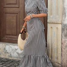 Vestido midi con espalda abierta, lazo en la cintura y mangas abultadas con estampado de cuadros retro francés para mujer - Perfecto para vacaciones y oficina AG - Amarillo - Ver 3