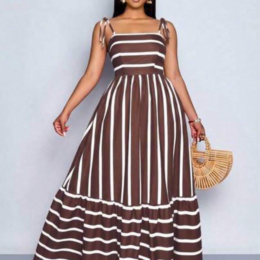 yonghongmaoyi1 Vestido maxi de estilo fluido con rayas, con tirantes y detalles de recogido en el pecho, adecuado para vacaciones, playa, ir al trabajo y uso casual, elegante vestido (floral aleatorio) - Café integral - Ver 1