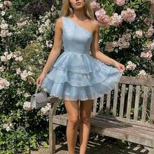 xuehuamaoyi02  Charm Vestido de mujer, vestido asimétrico de hombro, falda de pastel de varias capas, adecuado para fiestas, eventos, bodas, vestido de volantes escalonados, vestido de organza para mujer, vestido de té para mujer, vestido de cumpleaños para mujer, vestido de un hombro - Rosa - Ver 6