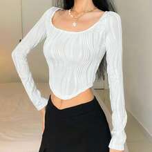 U-Neck Top With Water Wave Design, Fitted Cut, Exposed Waist, Sexy Long-Sleeved T-Shirt For Women 2026 - 白色 - 查看 2