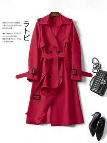 Women's Versatile Elegant Autumn/Winter Trench Coat, Elegant Commuter Casual Coat, New Year Outfit Red - Red - View 11