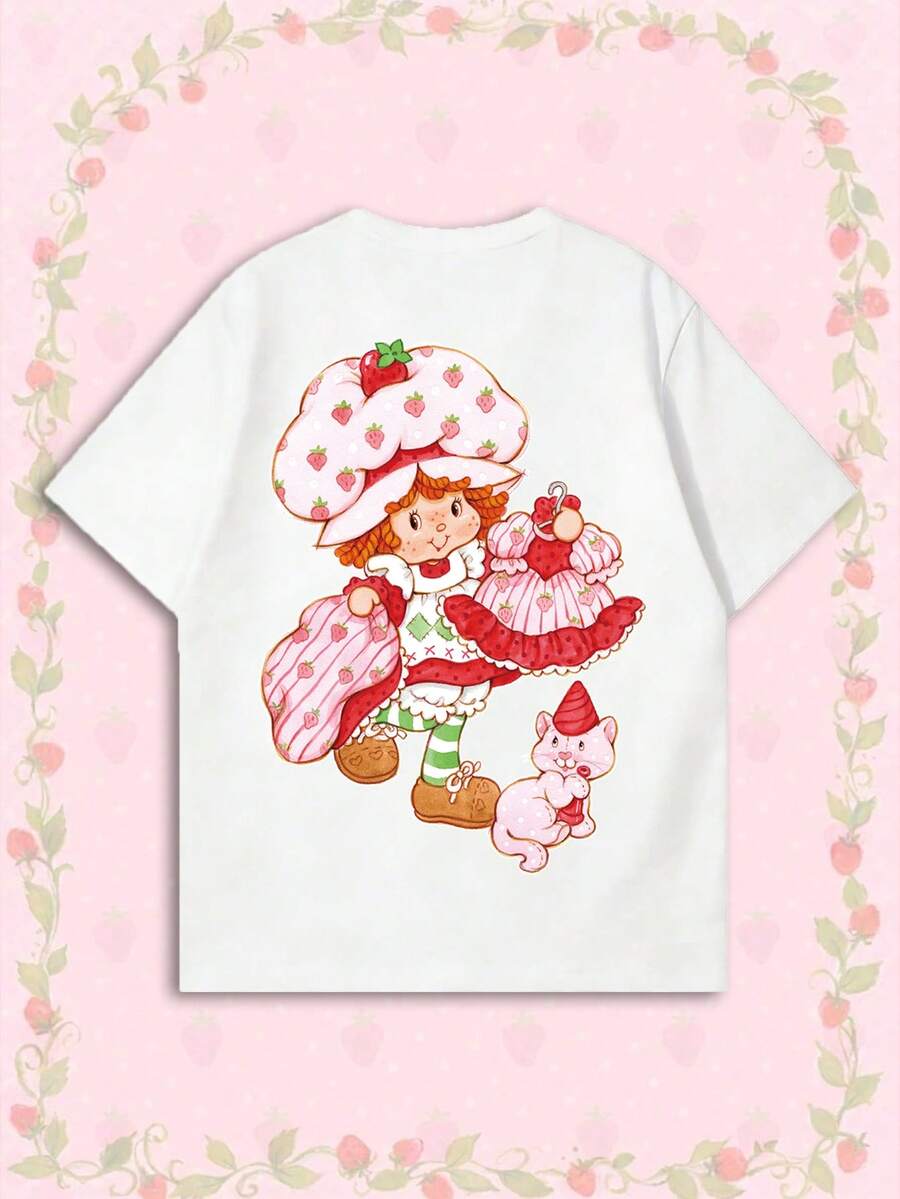 女款夏季 T-shirt，可愛貓咪派對印花寬鬆休閒 T-shirt，適合日常甜美女孩風，白色 - 白色 - 查看 1