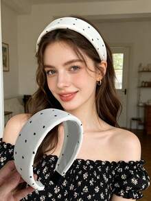 1 Stück klassisches einfarbiges sanftes Schwarz & Weiß Herz-Polka-Dot breites Haarband Damen Mode Premium Alltagstrage Haarreif Haarband - Verschiedenfarbig - Übersicht 1