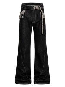Y2K Plaid Belted Black Flare Jeans, Contrast Stitch Baggy Denim Pants With Layered Waist Detail For Alt Streetwear - 黑色 - 查看 3