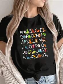 Black Polyester Short-Sleeved T-Shirt Decorated With Letter And Animal Prints, Suitable For Halloween Themes, Casual Wear At Home, And Parties. Lightweight And Durable, Ideal For Wearing In The Living Room Or Dining Room. 100% Cotton. - 黑色 - 查看 1