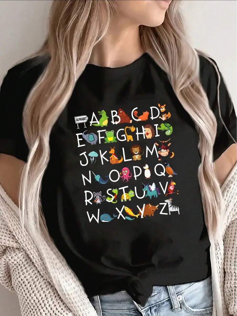 Black Polyester Short-Sleeved T-Shirt Decorated With Letter And Animal Prints, Suitable For Halloween Themes, Casual Wear At Home, And Parties. Lightweight And Durable, Ideal For Wearing In The Living Room Or Dining Room. 100% Cotton. - 黑色 - 查看 1