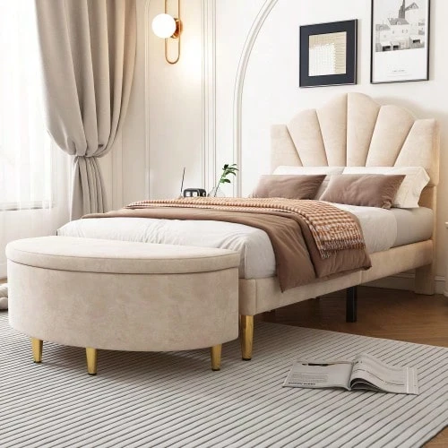 Velvet Upholstered Bed, 90*200 Cm, Shell-Shaped Bed With Golden Iron Legs, Height-Adjustable Headboard, Wooden Slatted Base, With Upholstered Bench, Bench With Storage Space, Beige - Beige - View 1