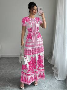 Vestido de Moda Oriental con Estampado Floral y Cinturón Ajustable para Mujer, Escote Redondo - amarillo ganso - Ver 9