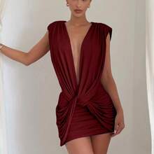 Short Plain Dress With Knots And Pleats New - Red - View 6