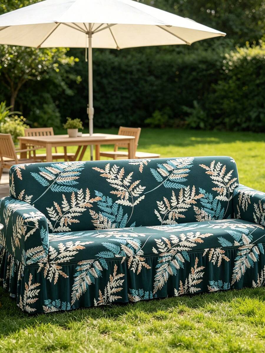1pc Printed Ruffle Edge Full Coverage Elastic Sofa Cover, Dust-Proof And Stain-Resistant, Stretchable One-Piece Full Coverage Sofa Protector, Living Room Home Decor, Machine Washable - Royal Blue - View 1